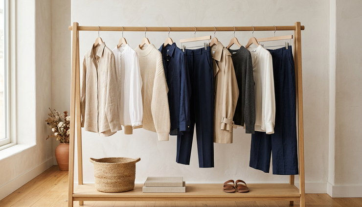 Wide-angle view of a clothing rack with neutral blouses, soft knitwear, and tailored trousers