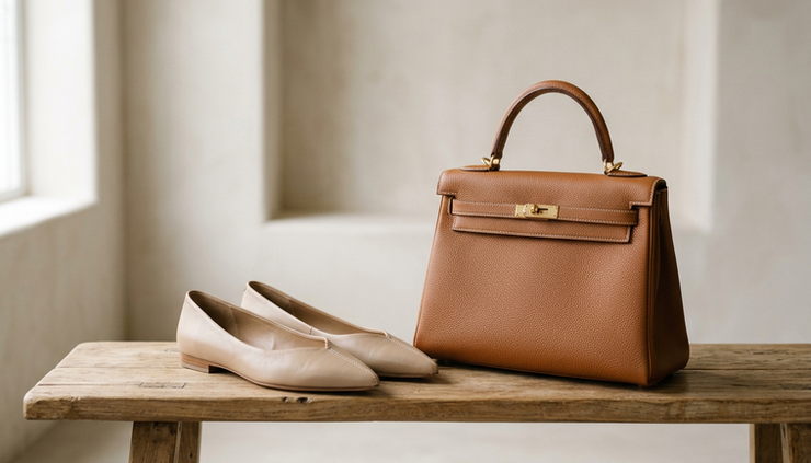 Eye-level view of neutral flats and a caramel structured handbag placed on a wooden bench