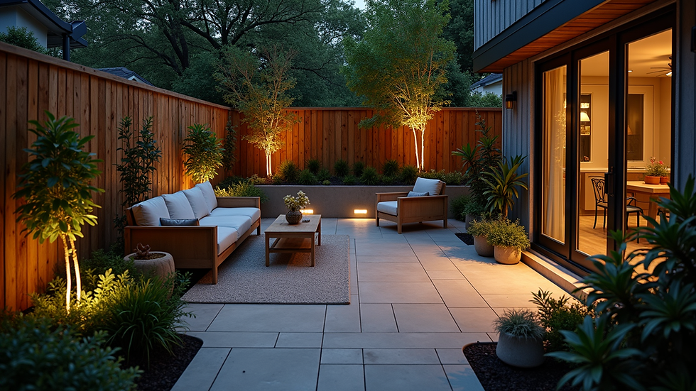 High angle view of a backyard patio with adjustable accent lights highlighting plants and seating areas