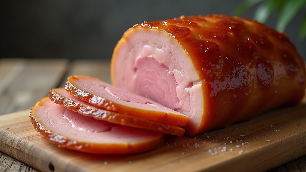 Close-up view of a beautifully glazed salt-cured ham on a wooden cutting board