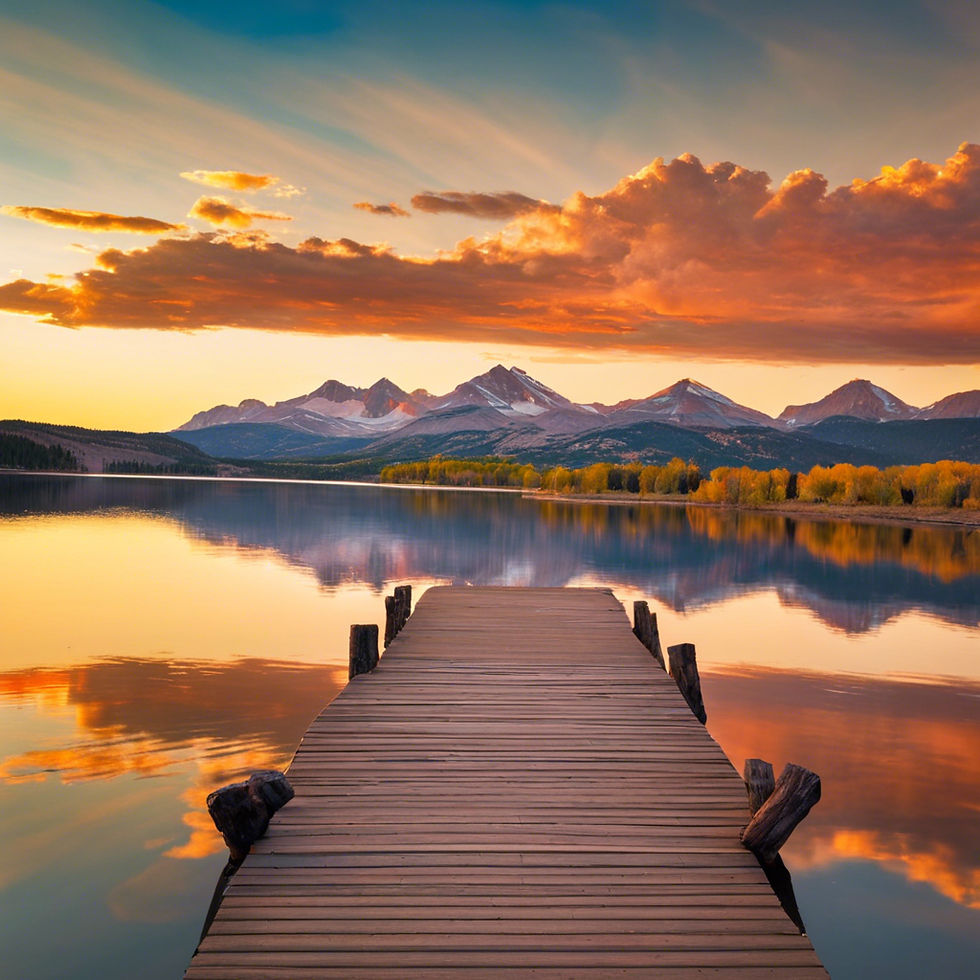 a pier out to a lake with mountains