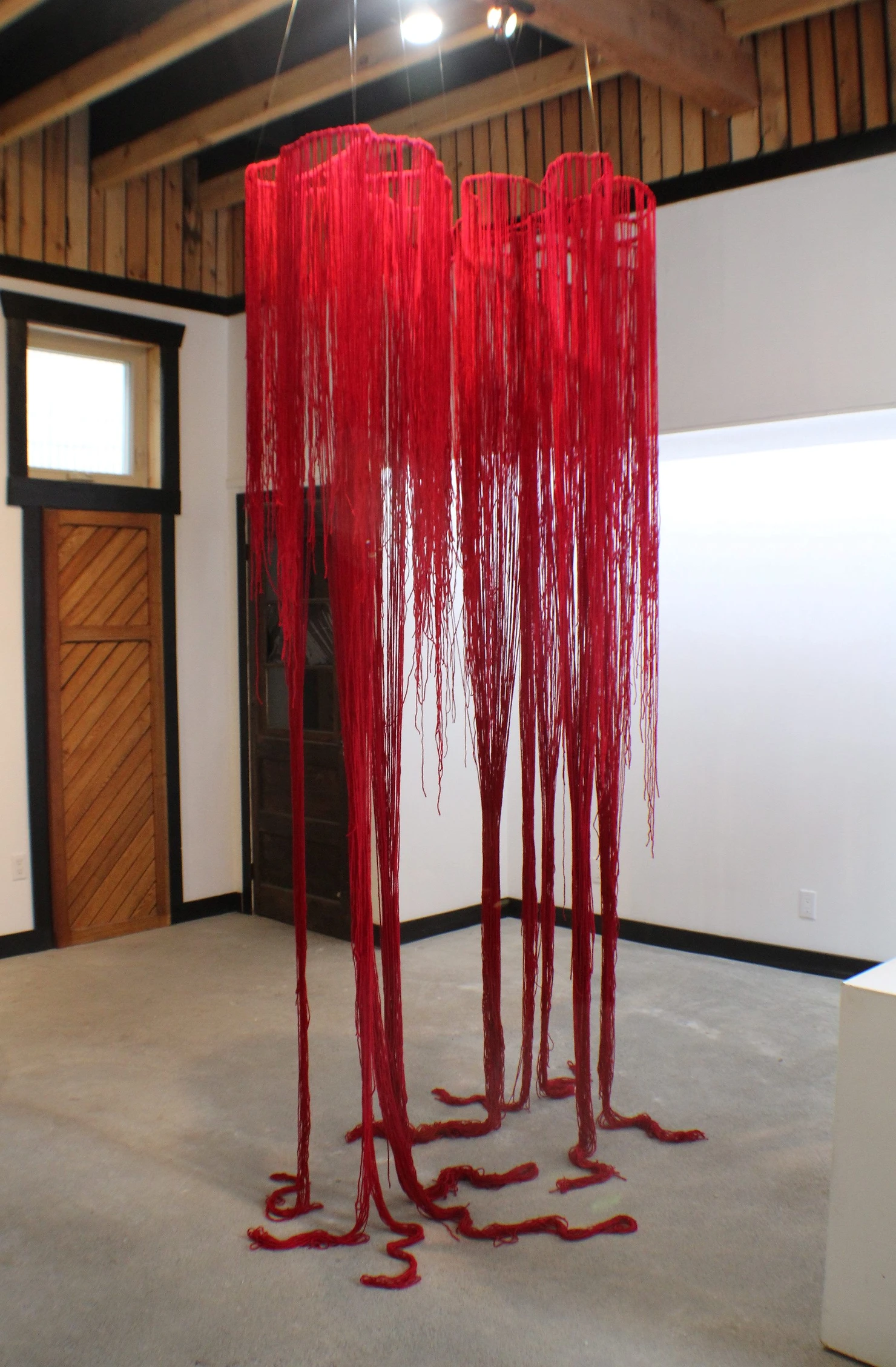 A fibre work by Tracey-Mae Chambers.  Red fibre hung from the ceilling.