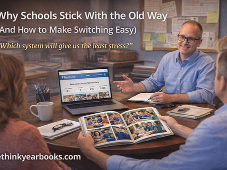 School administrator reviewing yearbook vendor options with decision-making checklist
