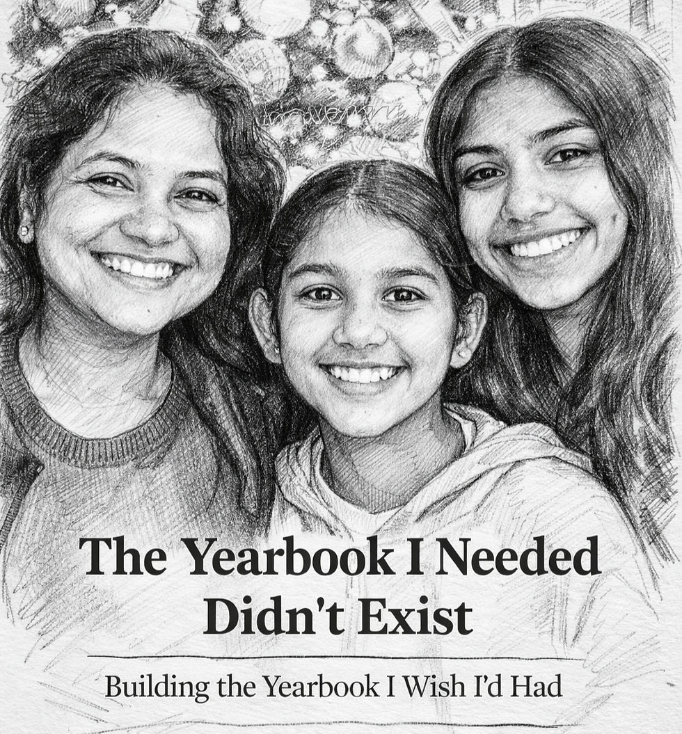 Three smiling people with holiday decorations in the background. Text: The Yearbook I Needed Didn’t Exist. Building the Yearbook I Wish I’d Had.