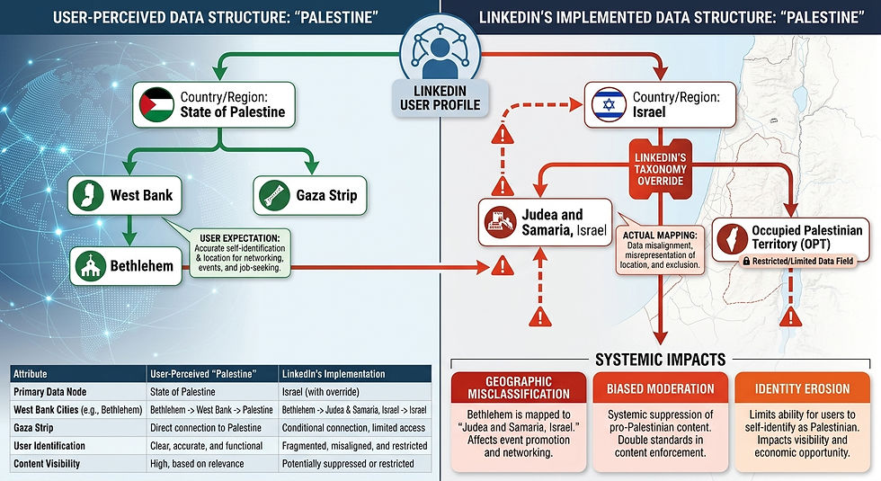 An infographic comparing user expectations with LinkedIn's implemented data structure for Palestine. It contrasts a direct location hierarchy under "State of Palestine" with LinkedIn's actual mapping to "Israel" or "Judea and Samaria, Israel," highlighting systemic impacts such as geographic misclassification, content moderation biases, and identity erosion.