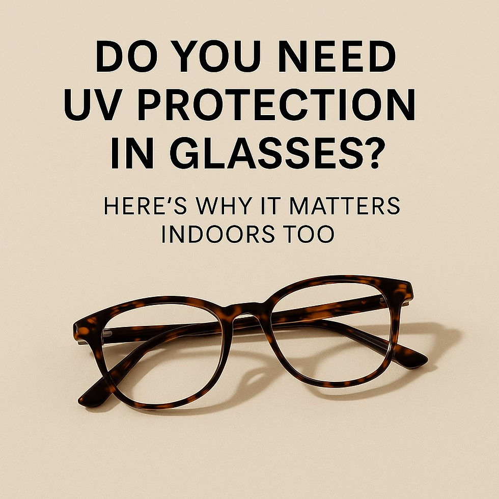Tortoiseshell eyeglasses with clear lenses displayed on a beige surface, with bold text reading “Do You Need UV Protection in Glasses? Here's Why It Matters Indoors Too.