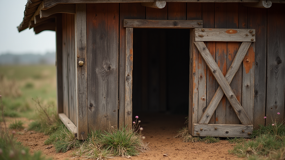 Close-up view of a wooden animal shelter with a small door