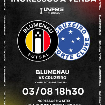 No dia 03/08, às 18h30, o Blumenau Futsal encara o Cruzeiro no Complexo Esportivo SESI, pela 15ª rodada da Liga Nacional de Futsal. Garanta já o seu ingresso