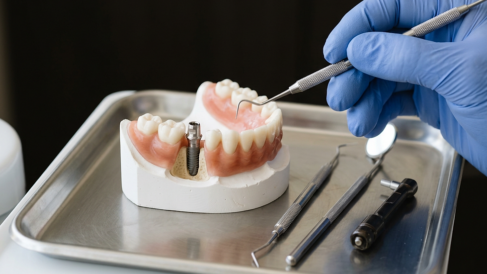 Close-up view of dental implant model with tools on a tray
