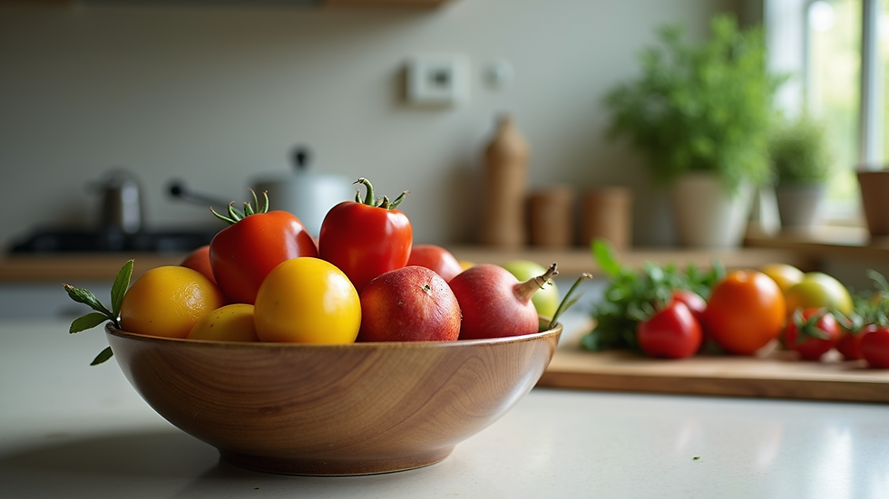 Eye-level view of a bowl of fresh fruits and vegetables on a kitchen counter