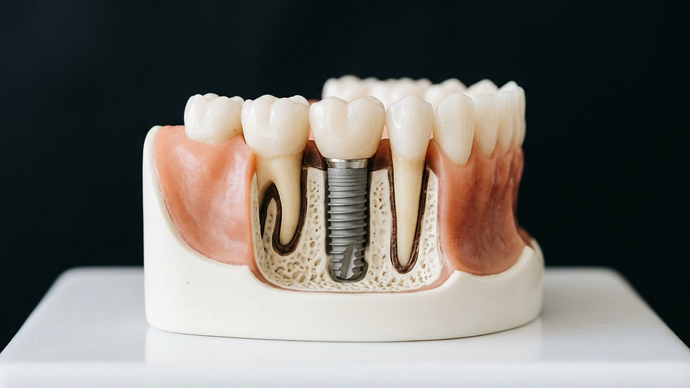 Eye-level view of dental implant model on a white surface