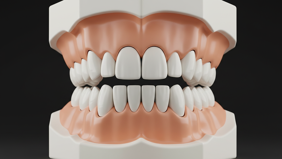 Eye-level view of dental veneers displayed on a model jaw