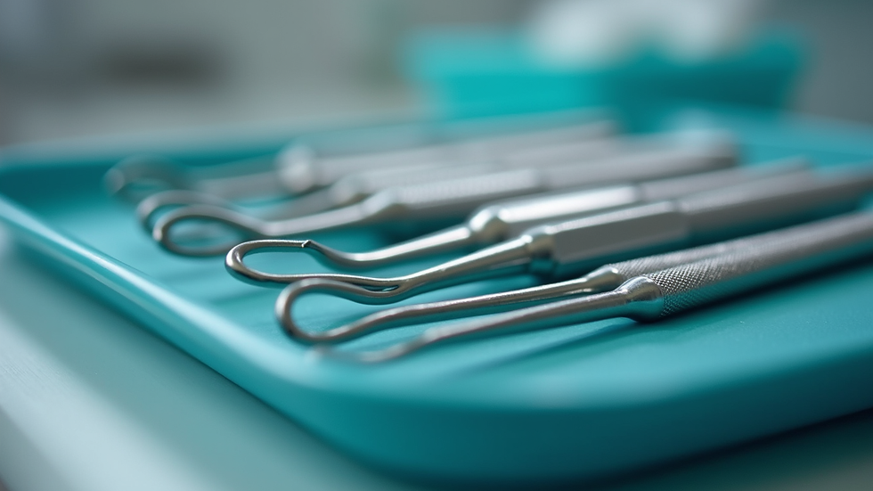 Close-up view of dental instruments arranged neatly on a tray