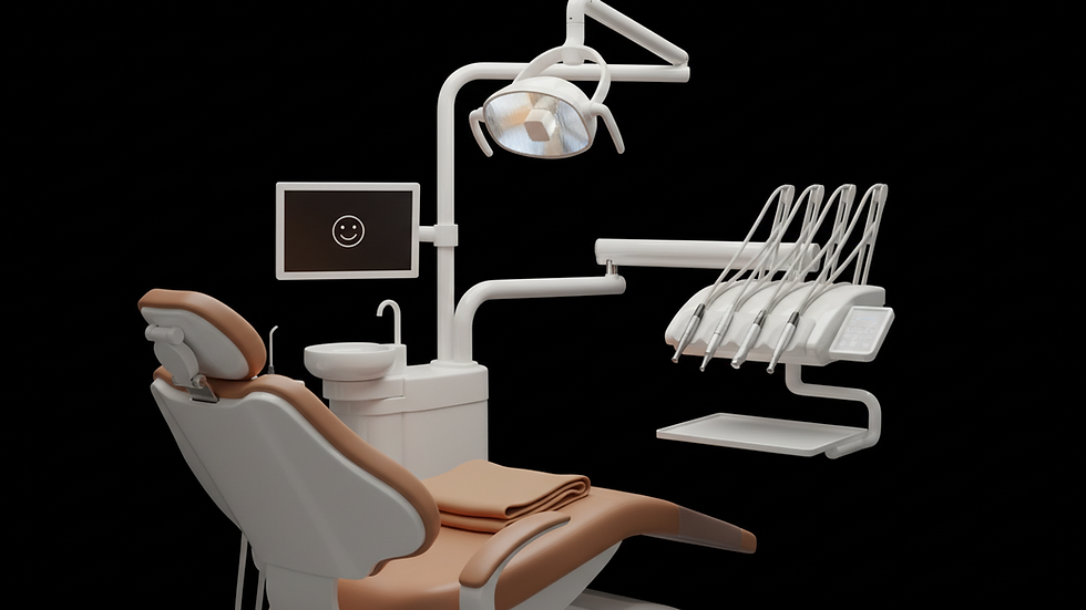 Eye-level view of a dental clinic chair and equipment ready for patient care