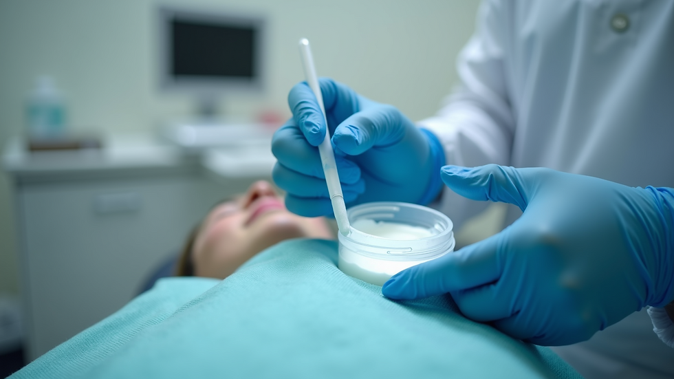 Eye-level view of a dental professional preparing bleaching gel in a clinic