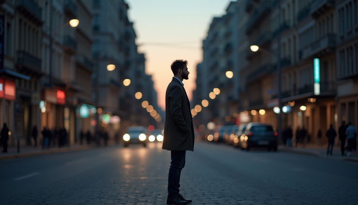 Eye-level view of a person standing alone on a quiet city street at dusk, contemplating their next step