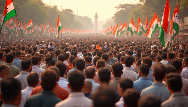 High angle view of a political rally with colorful flags and banners in India