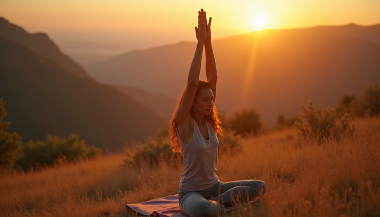 High angle view of a person practicing yoga outdoors during sunrise