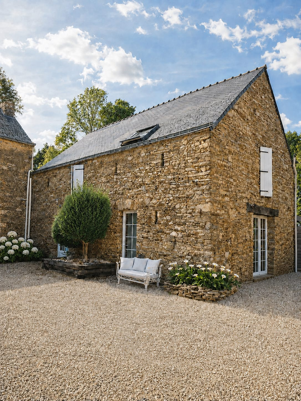 Photo d'une maison en pierre avec cour en gravier, ciel bleu et quelques arbres, format paysage.