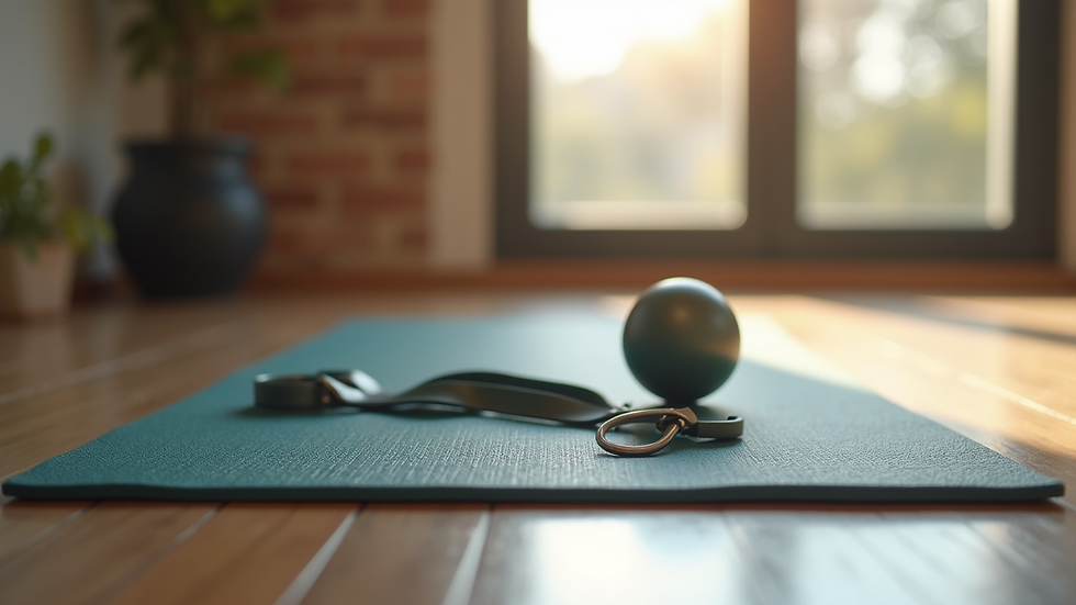 Close-up view of a Pilates mat with a resistance band and small ball