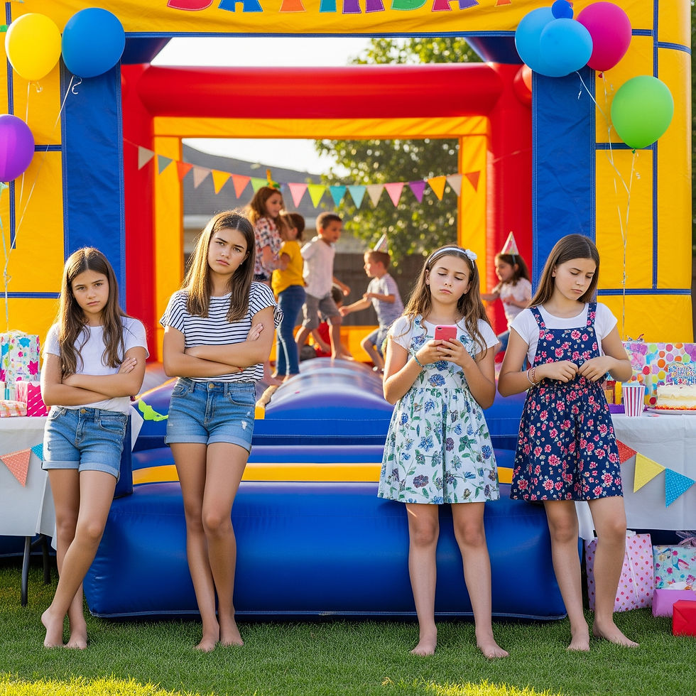 Group of tween girls extremely bored outside of a bouncy house. This represents tween and teen girls needing a more interactive birthday party experience.