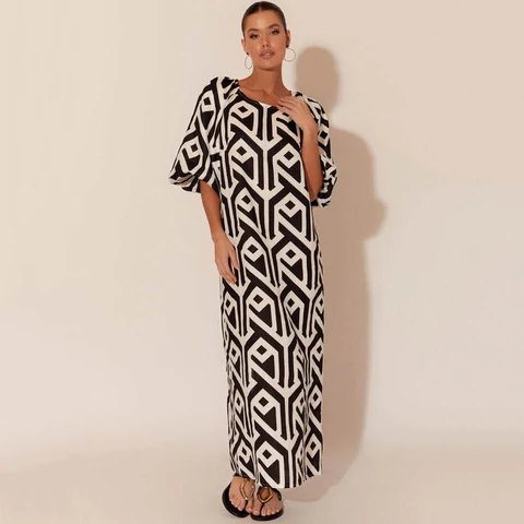 Blac and white geometric shape linen dress by Axessi