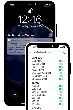 Two phones; one is an iphone lock screen with a notification from a school and the other is of the notification settings