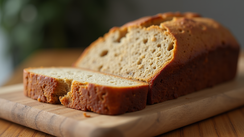 Close-up view of a slice of sourdough banana bread on a wooden cutting board