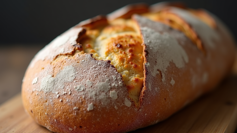 Close-up view of a freshly baked sourdough loaf with a golden crust