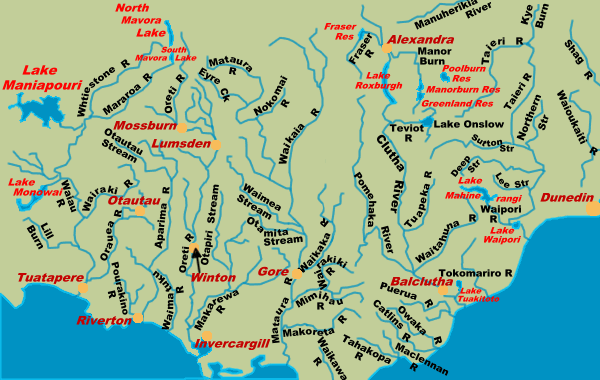 Map of rivers and lakes of Southland, New Zealand