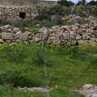 Rooms and huts are barely discernable among the rocks of the Gozo cliffs