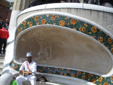Park Guell - fountain at front with musician