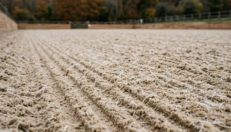 Close-up view of a sand and fibre arena surface after grooming