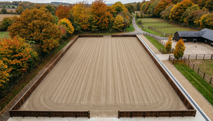 Overhead view of a groomed outdoor arena with clear drainage edges