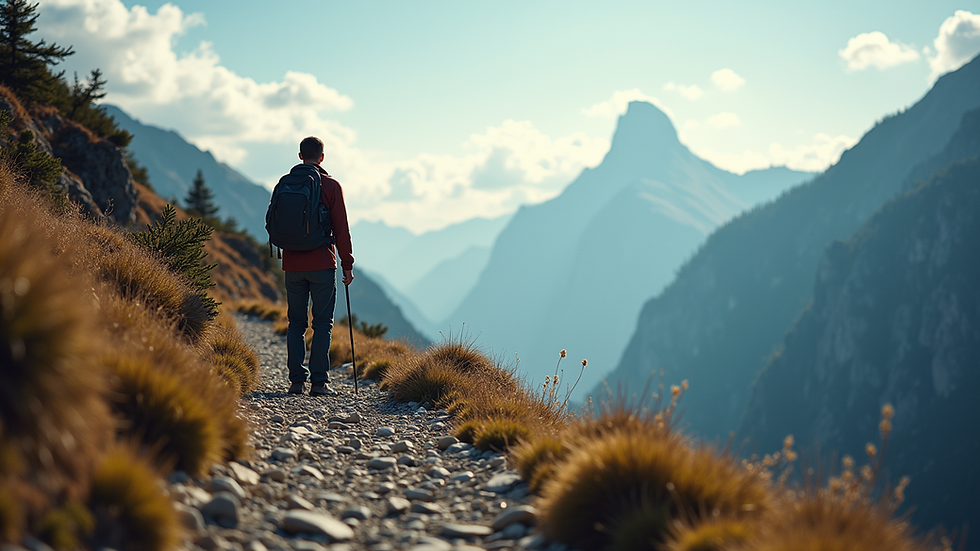 Eye-level view of a hiker standing on a rocky trail with a beautiful mountain backdrop