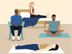 Meditation: Vier Menschen in verschiedenen Meditations-Haltungen, Sitzen, Schneidersitz, Liegen. 