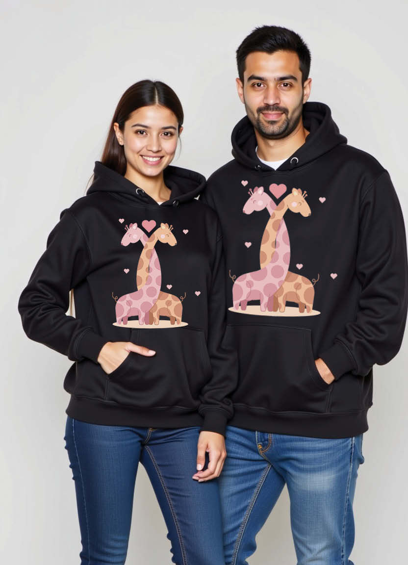 Thumbnail: Adoring Giraffe Couple Hoodies with Tall Animal Charm for Loving Pairs