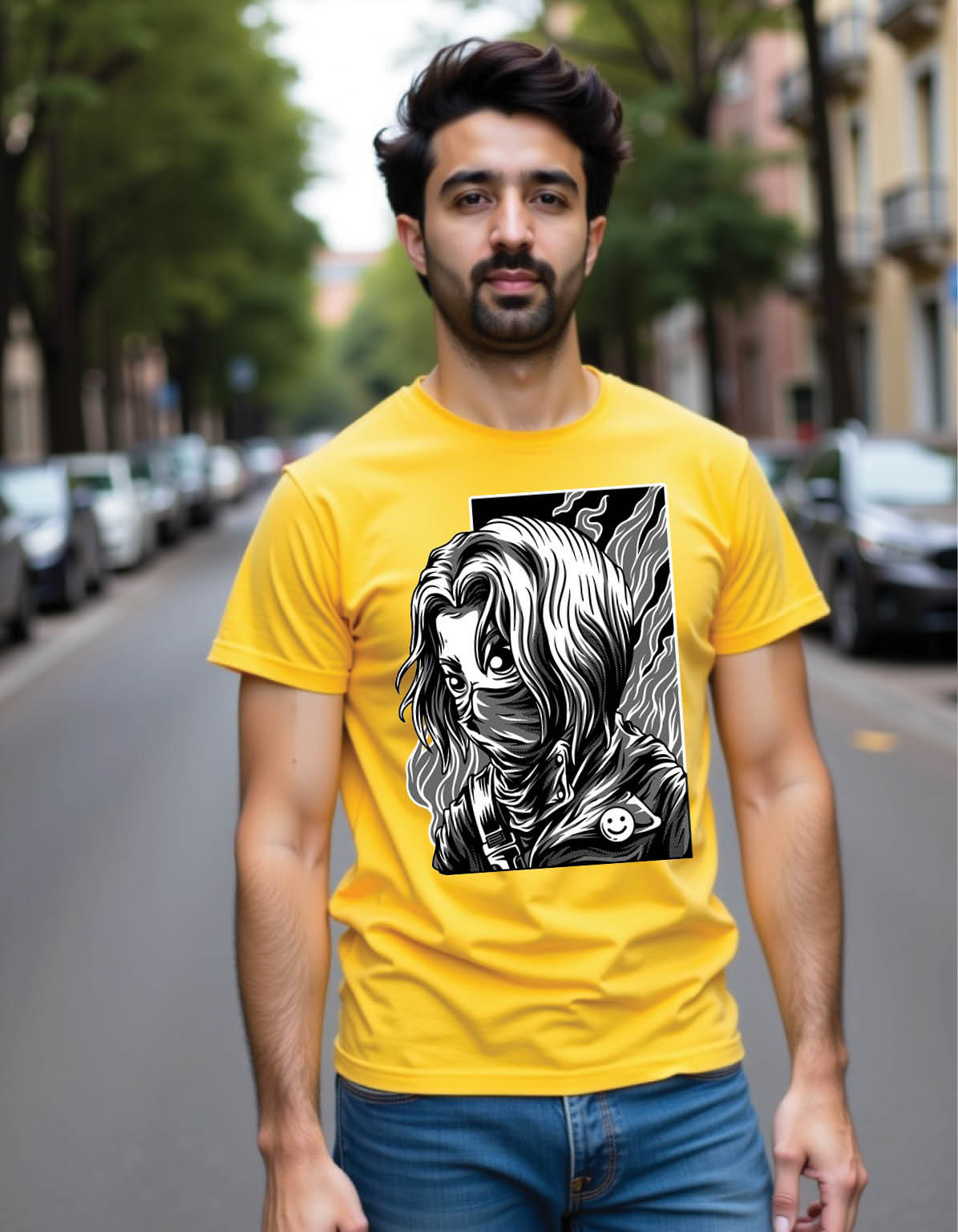 Haze Fang Regular Streetwear Shirt with Misty Wolf Print Ink