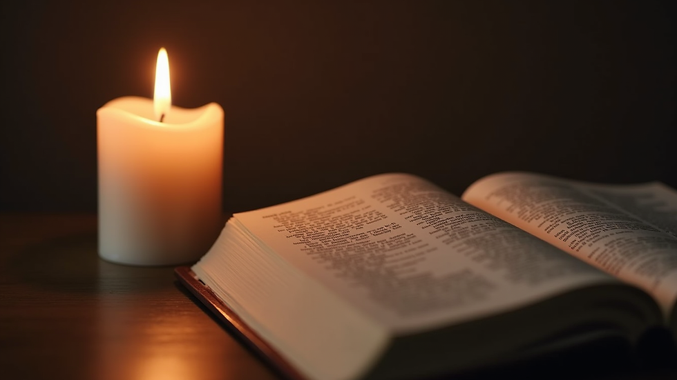 Close-up view of a candle burning softly beside an open Bible