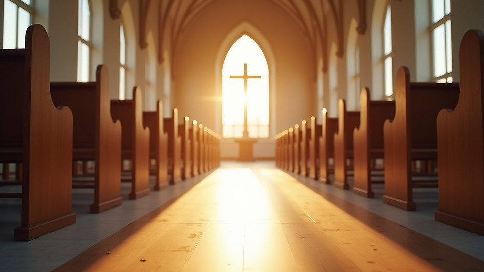 Eye-level view of a peaceful chapel interior with soft sunlight