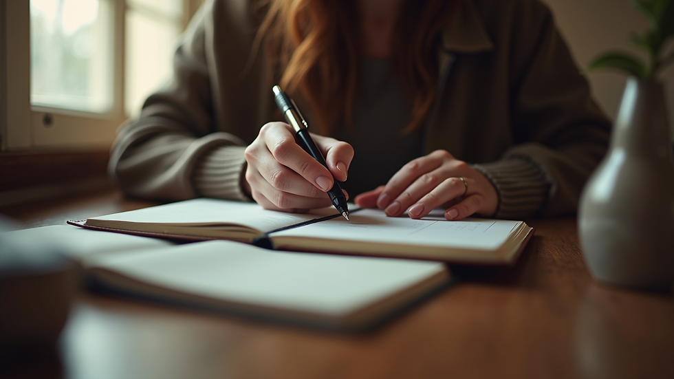 Eye-level view of a woman holding a journal and pen in a cozy room