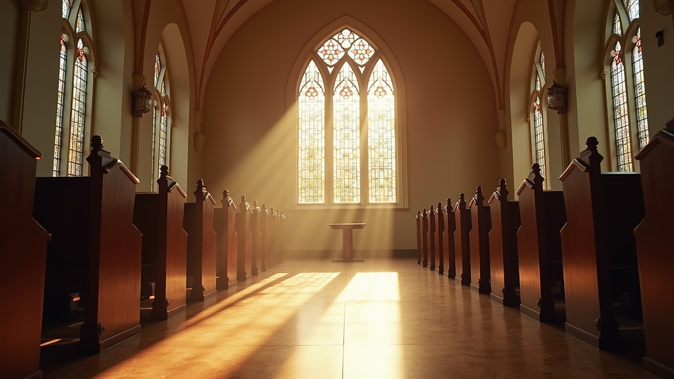 Eye-level view of a quiet chapel with soft sunlight streaming through stained glass windows