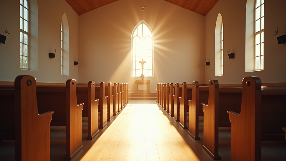Eye-level view of a peaceful chapel interior with soft sunlight