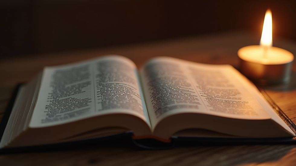 Close-up view of an open Bible with a lit candle beside it