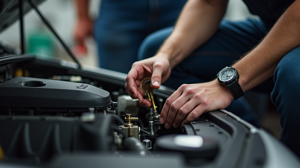 Eye-level view of a person performing oil change on a small engine