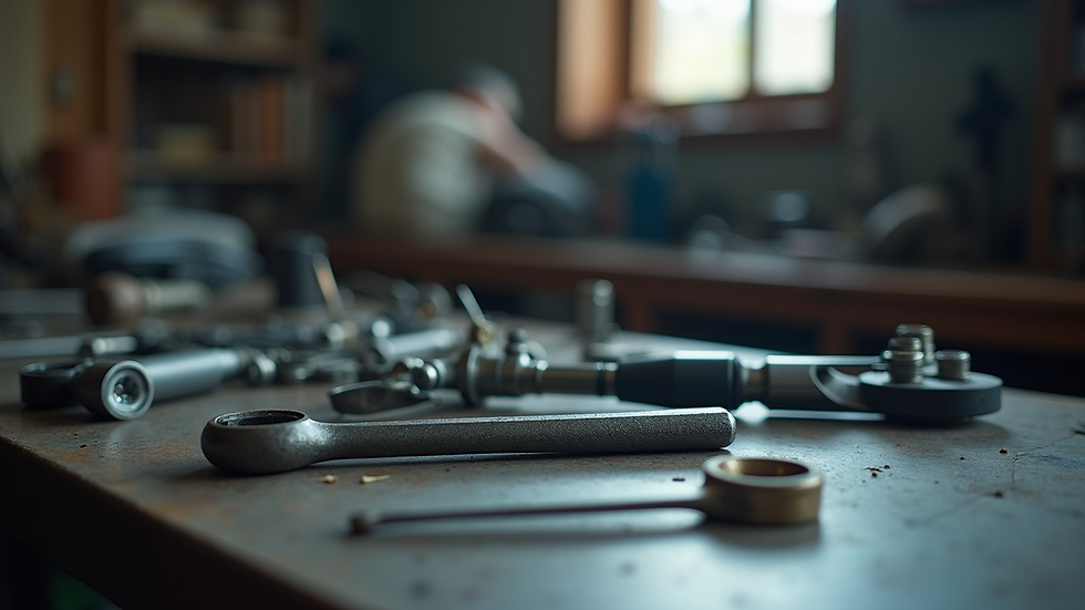 Eye-level view of a set of motor repair tools laid out on a workbench