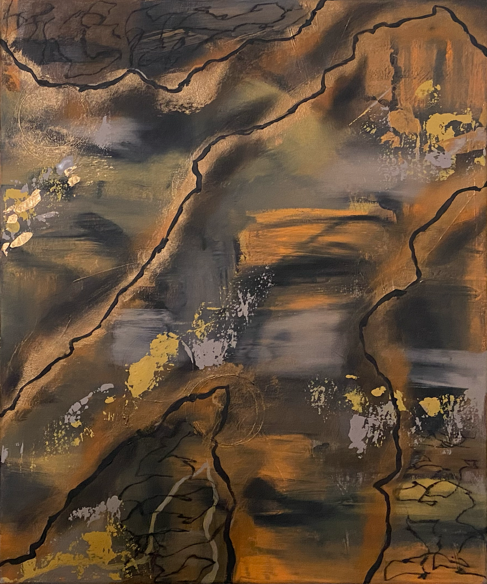 Abstract painting titled 'Terremoto'. Captures the fleeting moment when seismic earth movement and emotional rebellion shape fractured topography, revealing depths not immediately recognizable.