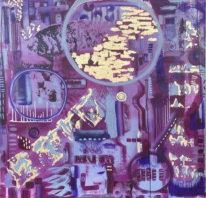 Abstract painting 'Ai is a Woman': represents femininity's journey, carrying collective experiences, embodies humanity-tech convergence, symbolizing collaboration, innovation in evolving world.
