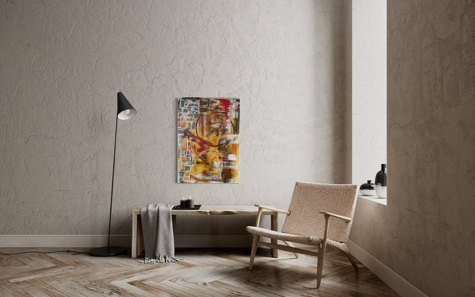Abstract painting titled 'Intuición'. Embarks on a journey through the imaginary universe, where colors and shapes evoke primal intuitions from the basin of the collective subconscious.