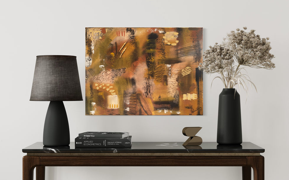 Abstract painting titled 'Gambusino'. Inspired by the Mexican gold prospectors of the 19th-century gold rush, known as 'gambusinos'. Depicts the cunning and fortune of those who unearthed gold in the hidden mines of the Mexican desert, achieving wealth and prosperity.